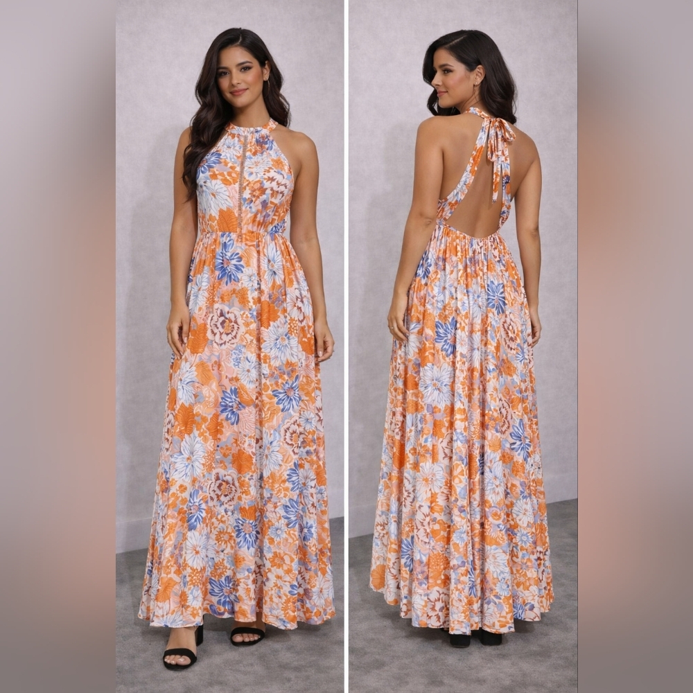 Zesica Floral Halter Maxi Dress – Size L – Open Back, Rare Print